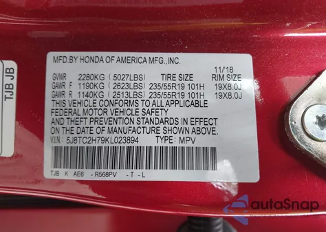 2019 Acura Rdx Advance from USA, damaged, VIN 5J8TC2H79KL023894